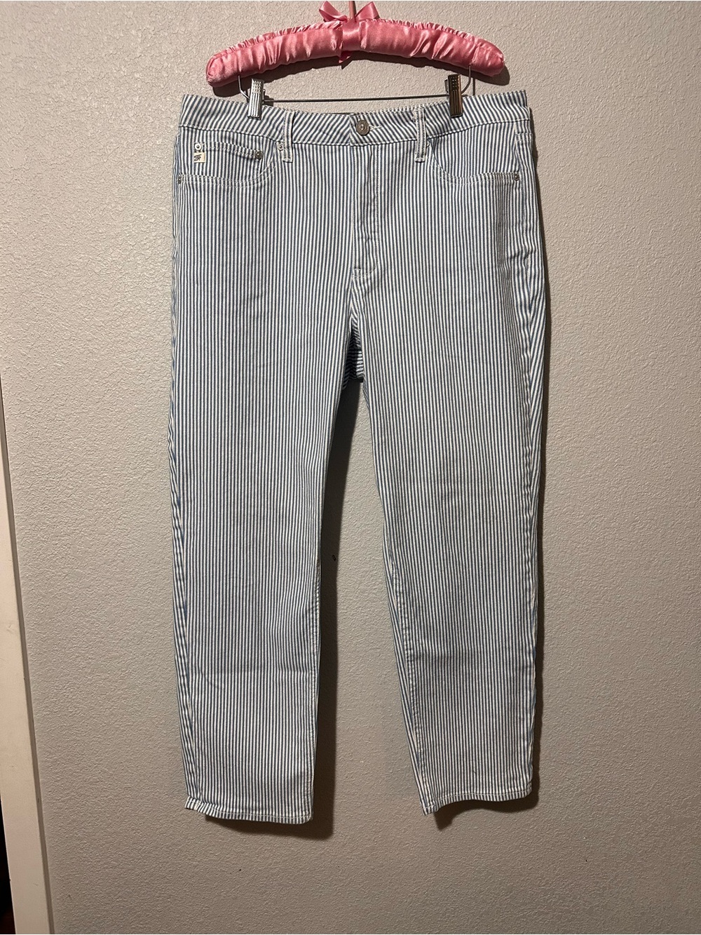 Seven7 Women's Blue & White Striped Straight Leg Jeans